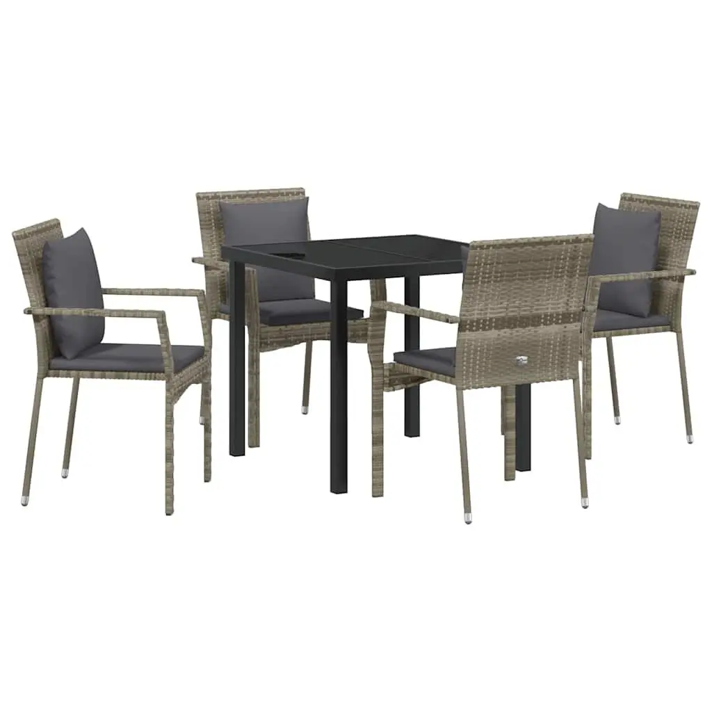 Outdoor Garden Dining Set 5 Pieces Grey Poly Rattan Tempered Glass Table and Chairs