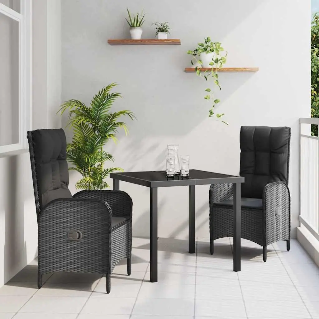 Outdoor Dining Set 3 Piece Garden Furniture Black Poly Rattan Cushion Patio