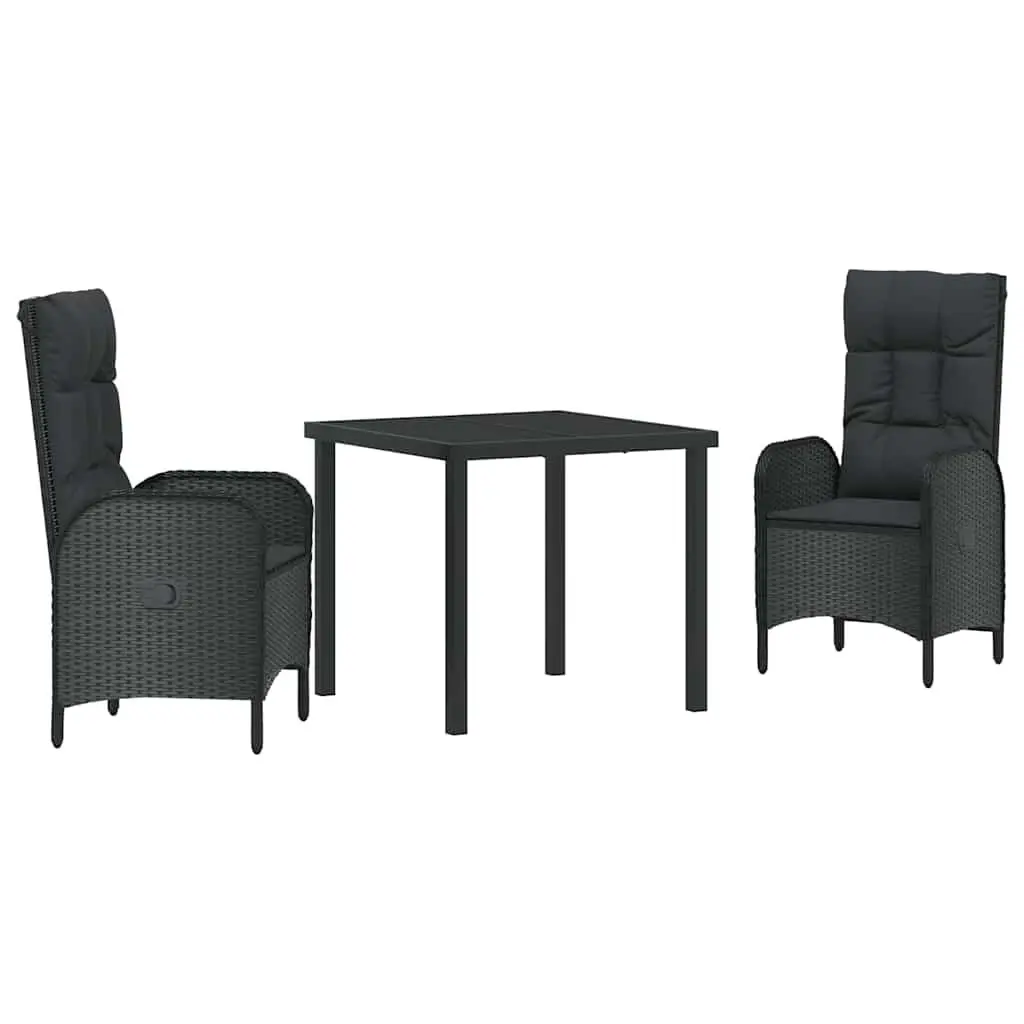 Outdoor Dining Set 3 Piece Garden Furniture Black Poly Rattan Cushion Patio