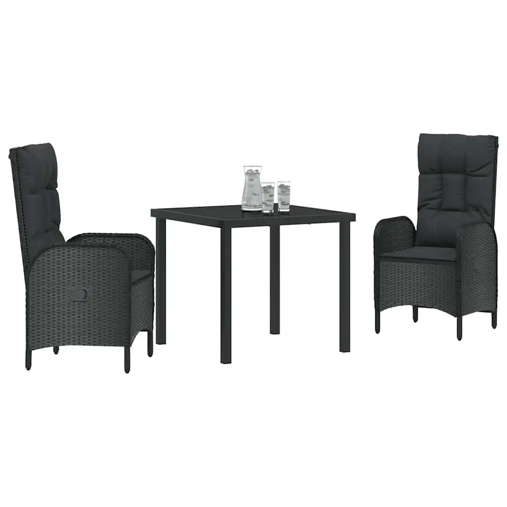 Outdoor Dining Set 3 Piece Garden Furniture Black Poly Rattan Cushion Patio