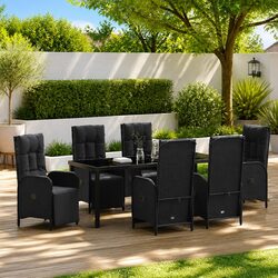 Garden Dining Set 7 Pieces Outdoor Furniture Black Poly Rattan Glass Tabletop
