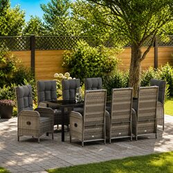 Outdoor Dining Set 9 Pieces Grey Poly Rattan Garden Furniture with Cushions