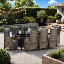 Garden Dining Set 9 Piece Outdoor Furniture Grey Poly Rattan with Cushions