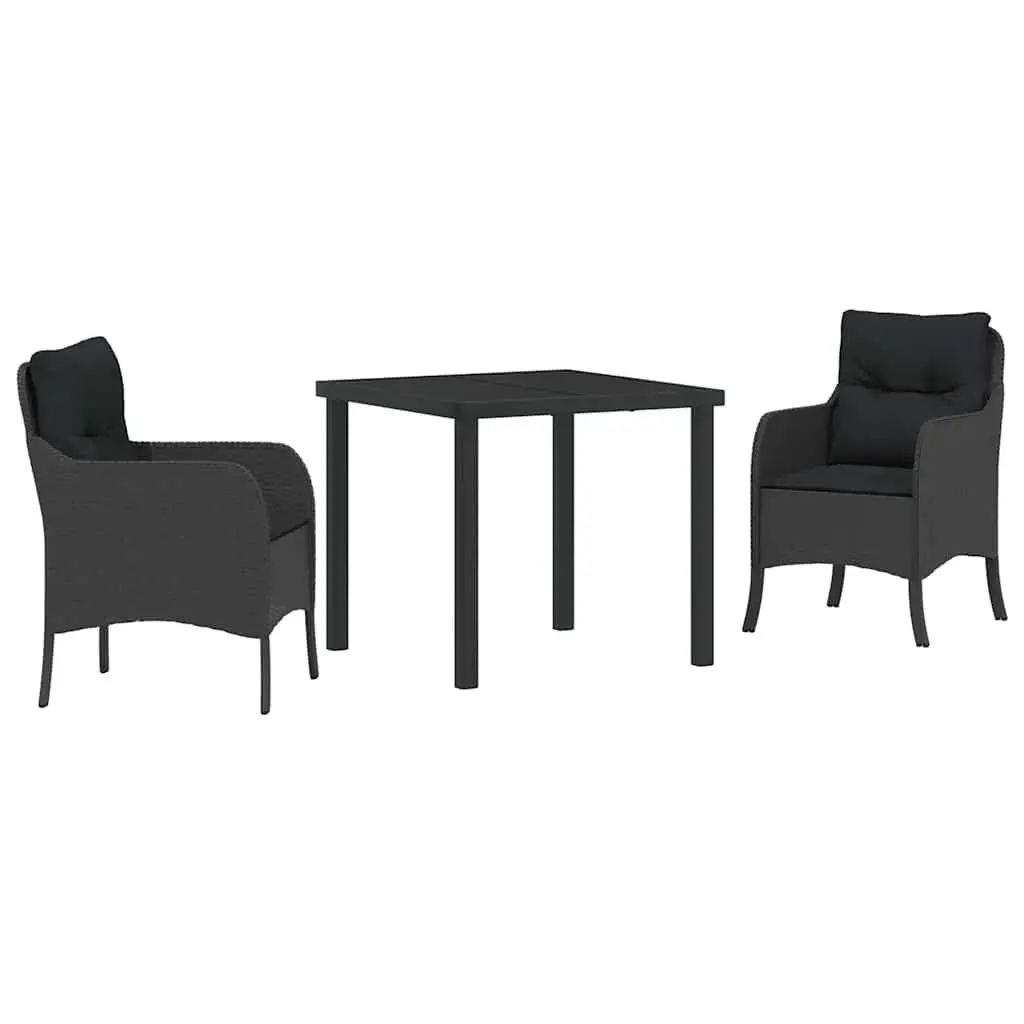 Outdoor Dining Set 3 Piece Black Poly Rattan Garden Furniture with Cushions