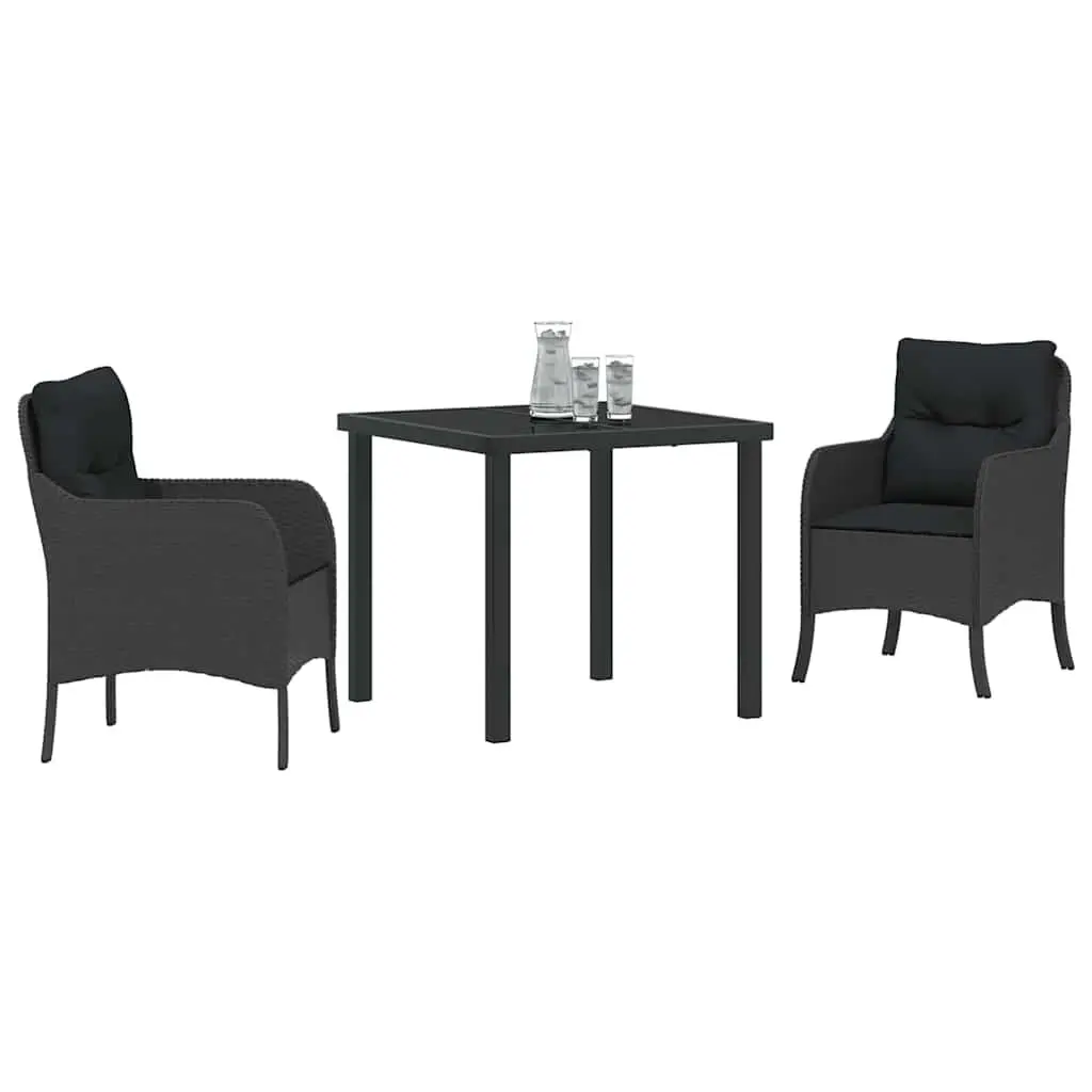 Outdoor Dining Set 3 Piece Black Poly Rattan Garden Furniture with Cushions