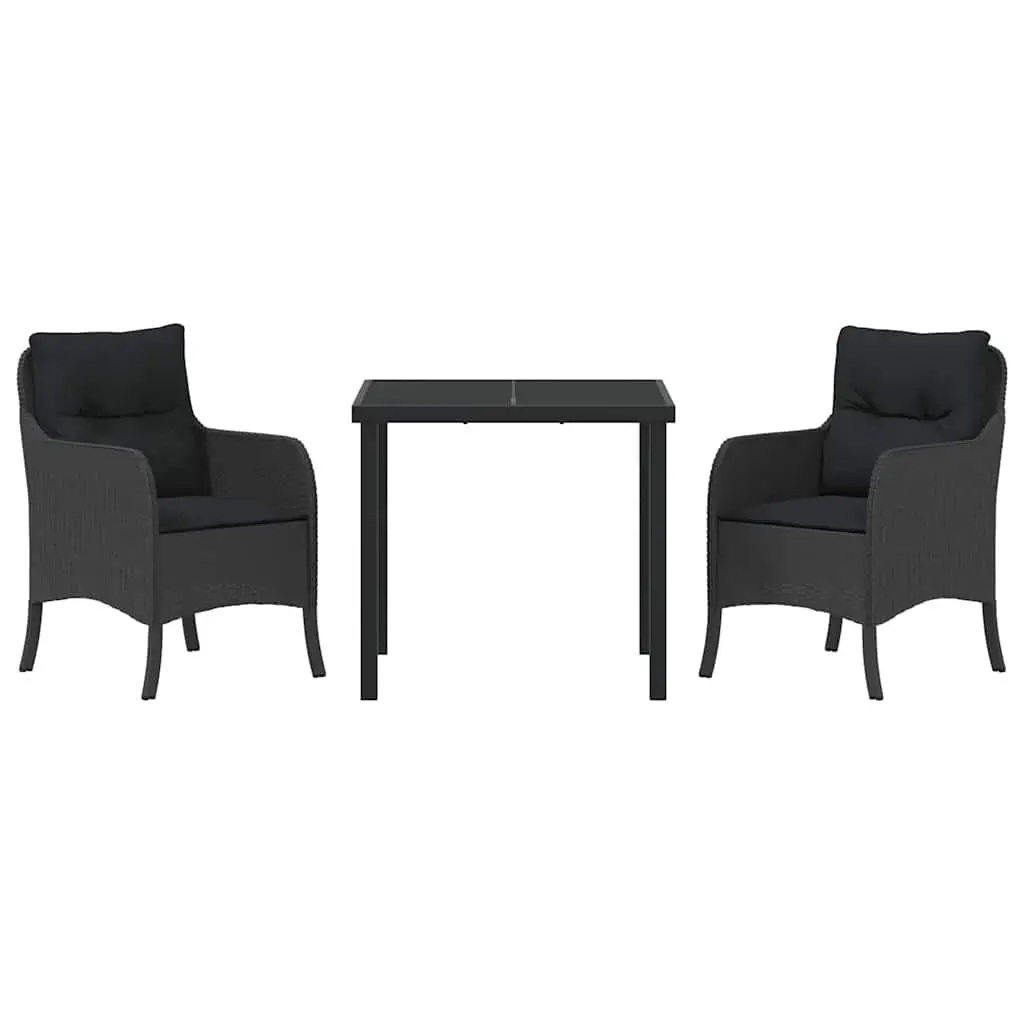 Outdoor Dining Set 3 Piece Black Poly Rattan Garden Furniture with Cushions