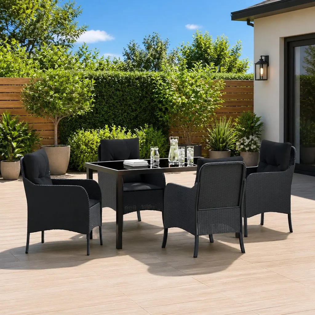 Outdoor Dining Set 5 Piece Garden Furniture Black Poly Rattan with Cushions