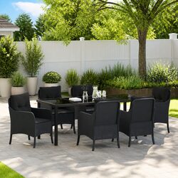 Outdoor Dining Set 7 Pieces Black Poly Rattan Garden Furniture with Cushions