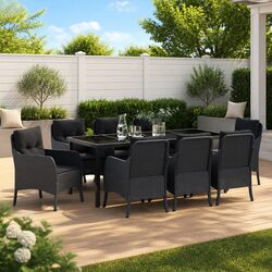 Outdoor Dining Set 9 Pieces Black Poly Rattan Garden Furniture with Cushions