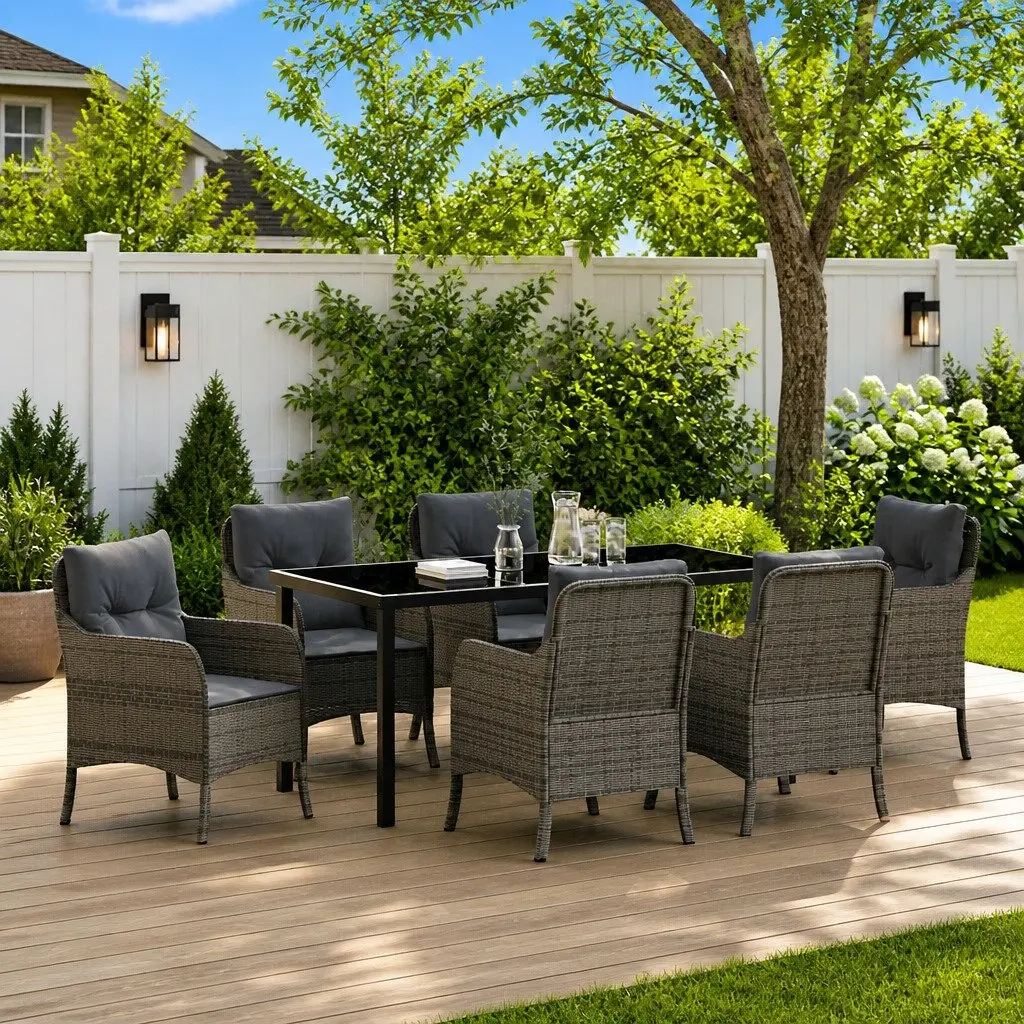 Outdoor Dining Set 7 Piece Grey Poly Rattan Garden Furniture with Cushions
