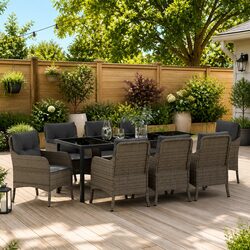 Garden Dining Set 9 Pieces Grey Poly Rattan Outdoor Furniture Patio Table Chairs