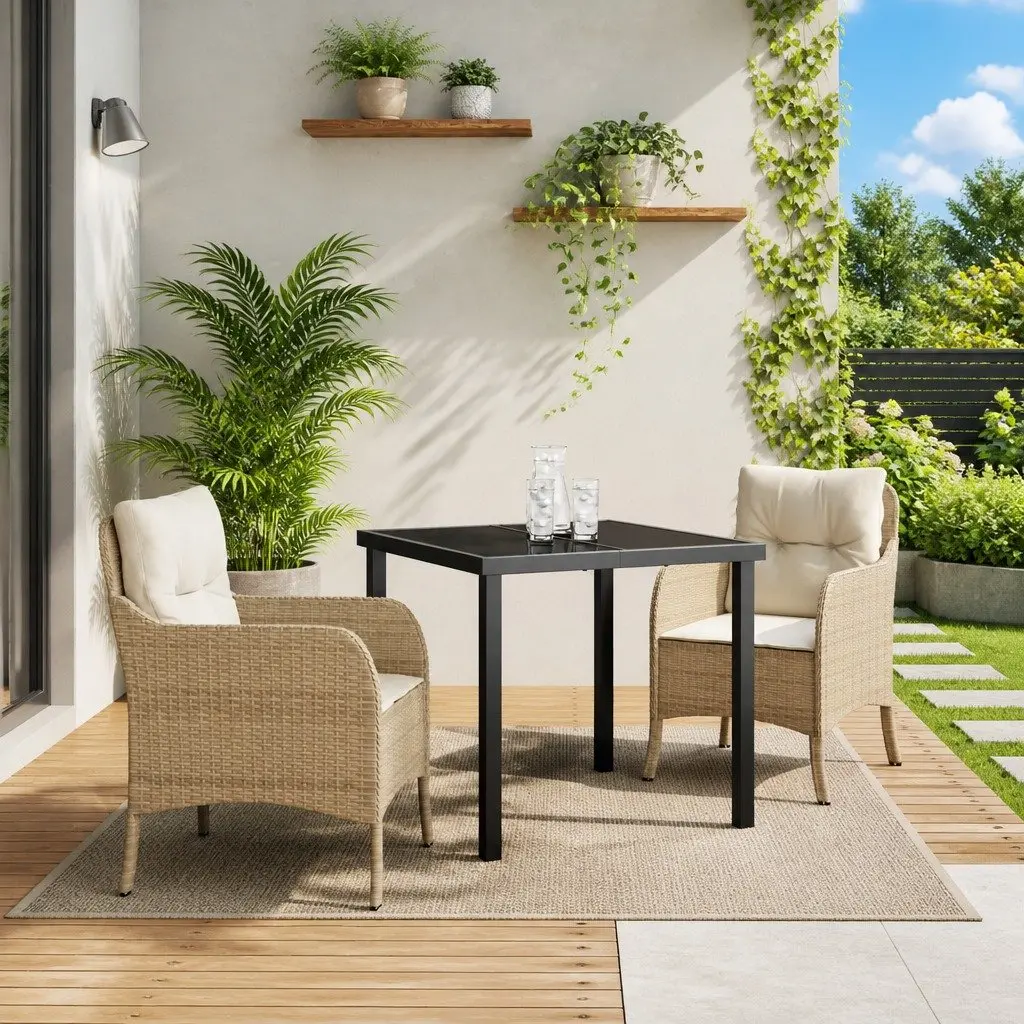 Garden Dining Set 3 Piece Modern Outdoor Furniture with Cushions Beige Poly Rattan