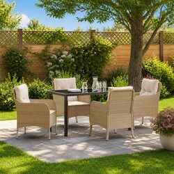 Garden Dining Set 5 Pieces Outdoor Furniture with Cushions Beige Poly Rattan