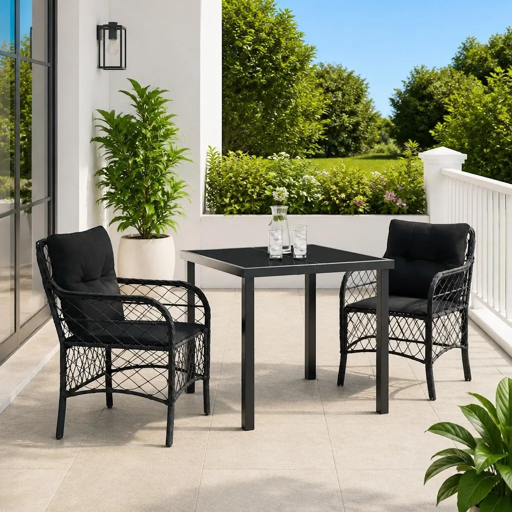 Garden Dining Set 3 Pieces Black Poly Rattan Outdoor Furniture with Cushions