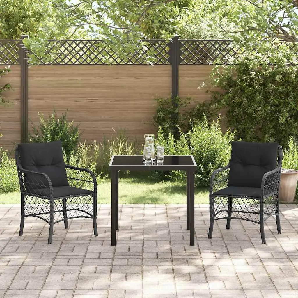 Garden Dining Set 3 Pieces Black Poly Rattan Outdoor Furniture with Cushions