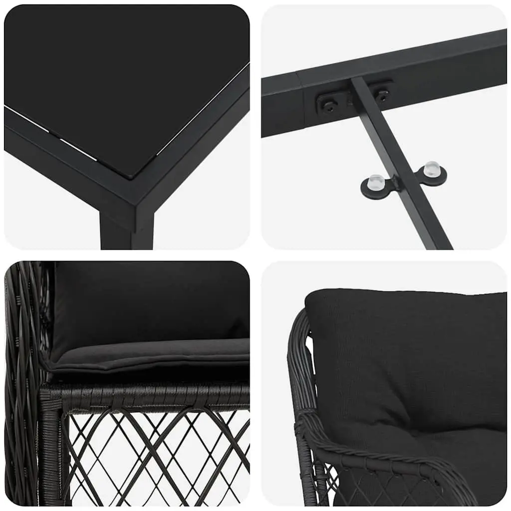 Garden Dining Set 3 Pieces Black Poly Rattan Outdoor Furniture with Cushions