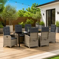 7 Piece Garden Dining Set Grey Poly Rattan Outdoor Furniture with Cushions