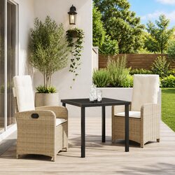 Outdoor Garden Dining Set 3 Piece Beige Poly Rattan with Cushions Glass Table