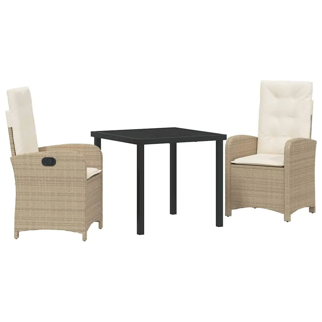 Outdoor Garden Dining Set 3 Piece Beige Poly Rattan with Cushions Glass Table