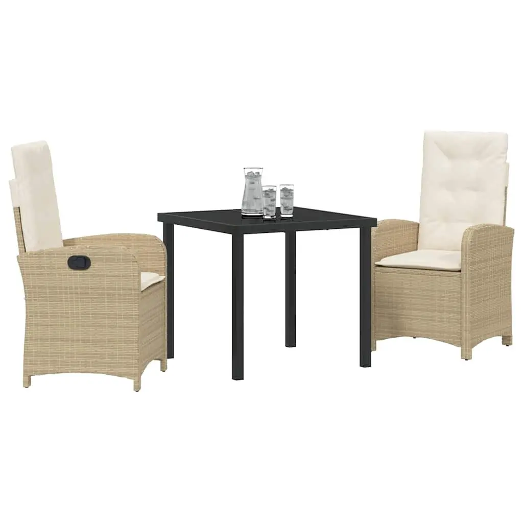 Outdoor Garden Dining Set 3 Piece Beige Poly Rattan with Cushions Glass Table