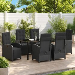 Garden Dining Set 7 Piece Outdoor Patio Furniture Black Poly Rattan Glass Top