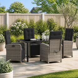 Garden Dining Set 5 Pieces Grey Poly Rattan Outdoor Furniture with Cushions