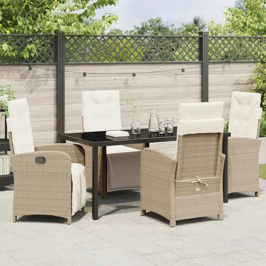 Outdoor Dining Set 5 Piece Poly Rattan Glass Top Beige Cushions