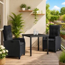 Outdoor Garden Dining Set 3 Piece Black Poly Rattan Patio Furniture with
