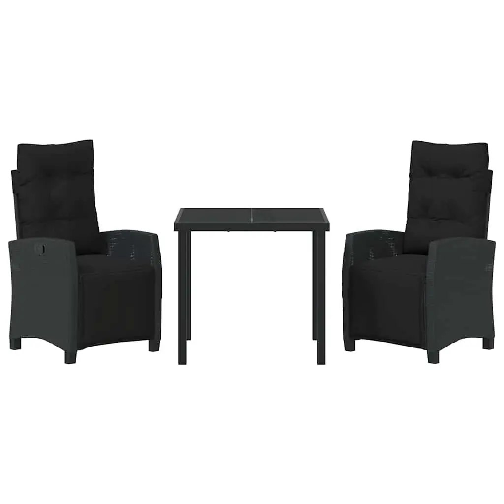 Garden Dining Set 3 Pieces Glass Topped Table Steel Frame Black Poly Rattan Outdoor Furniture