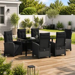 7-Piece Garden Dining Set Black Poly Rattan Outdoor Furniture with Cushions