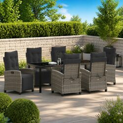Garden Dining Set 7 Pieces Outdoor Furniture Grey Poly Rattan Steel Frame Chairs