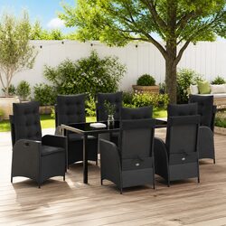 Garden Dining Set 7 Pieces Black Poly Rattan with Glass Top Outdoor Furniture