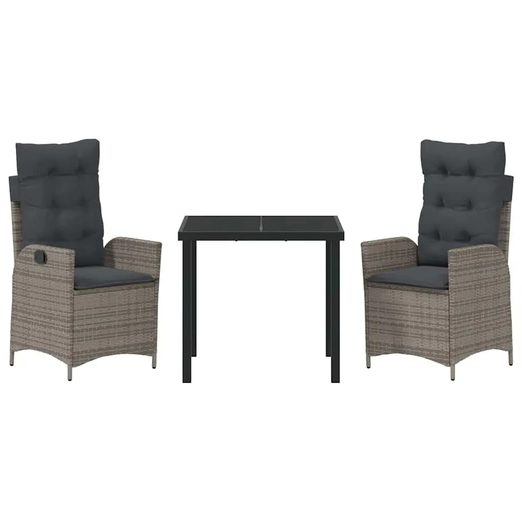 Garden Dining Set 3 Pieces Grey Poly Rattan with Cushion Outdoor Furniture