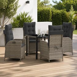 Garden Dining Set 5 Pieces Grey Poly Rattan Patio Furniture with Glass Tabletop