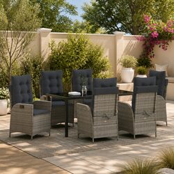 Garden Dining Set 7 Pieces Outdoor Furniture Grey Poly Rattan Glass Table Patio