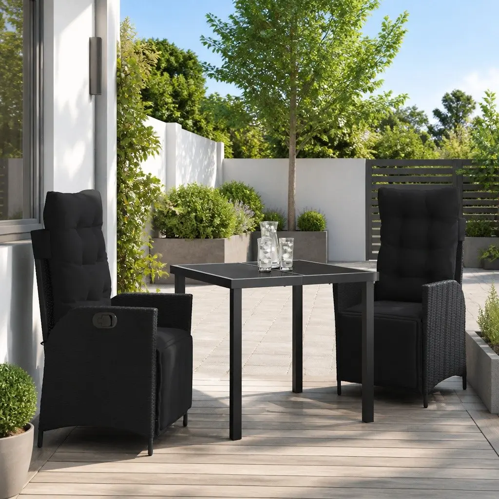 Outdoor Dining Set 3 Piece Black Poly Rattan Garden Furniture with Cushions