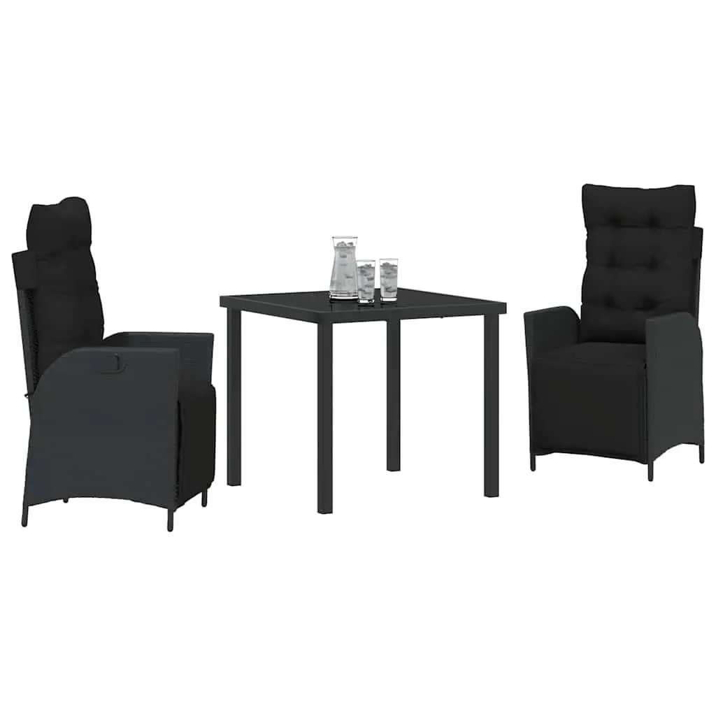 Outdoor Dining Set 3 Piece Black Poly Rattan Garden Furniture with Cushions