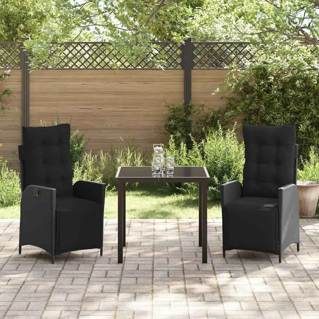 Outdoor Dining Set 3 Piece Black Poly Rattan Garden Furniture with Cushions