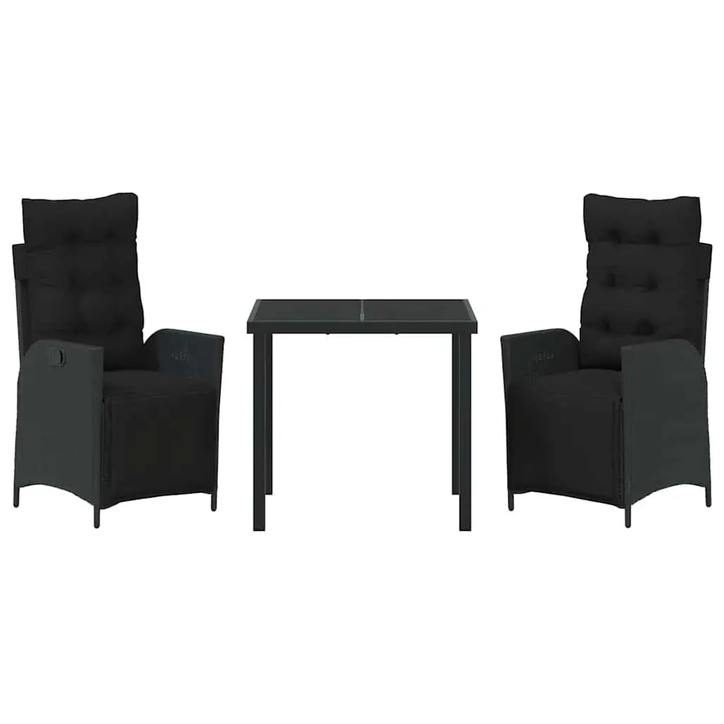 Outdoor Dining Set 3 Piece Black Poly Rattan Garden Furniture with Cushions