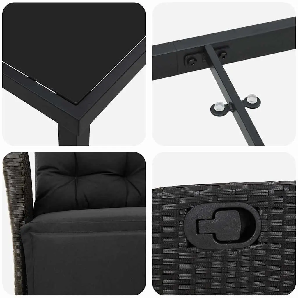 Outdoor Dining Set 3 Piece Black Poly Rattan Garden Furniture with Cushions