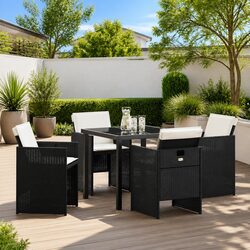 Outdoor Garden Dining Set 5 Pieces Black Poly Rattan Metal Frame Tempered Glass