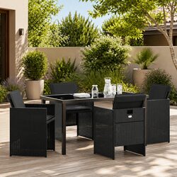 Outdoor Garden Dining Set 5 Pieces Black Poly Rattan Steel Frame Tempered Glass
