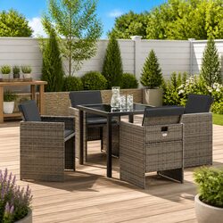 Garden Dining Set 5 Pieces Grey Outdoor Furniture Table Chairs Rattan Steel