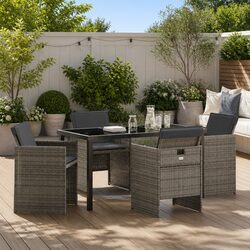 Garden Dining Set 5 Pieces Grey Outdoor Furniture Poly Rattan Metal Frame Glass