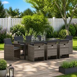 Garden Dining Set 9 Piece Outdoor Furniture Grey Poly Rattan Steel Frame