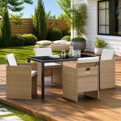 Outdoor Dining Set 5 Piece Beige Poly Rattan Garden Furniture Patio Table Chairs