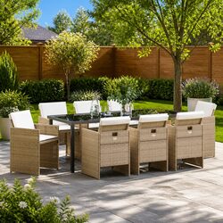 Garden Dining Set 9 Piece Outdoor Furniture Beige Poly Rattan Tempered Glass