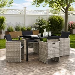 Garden Dining Set 5 Pieces Light Grey Outdoor Furniture Poly Rattan Metal Frame