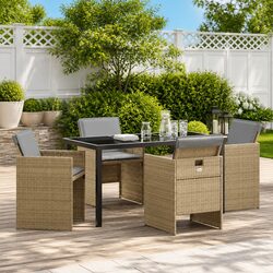 Garden Dining Set 5 Pieces Outdoor Furniture Beige Poly Rattan Metal Frame