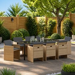 Garden Dining Set 9 Pieces Outdoor Furniture Beige Poly Rattan Metal Frame